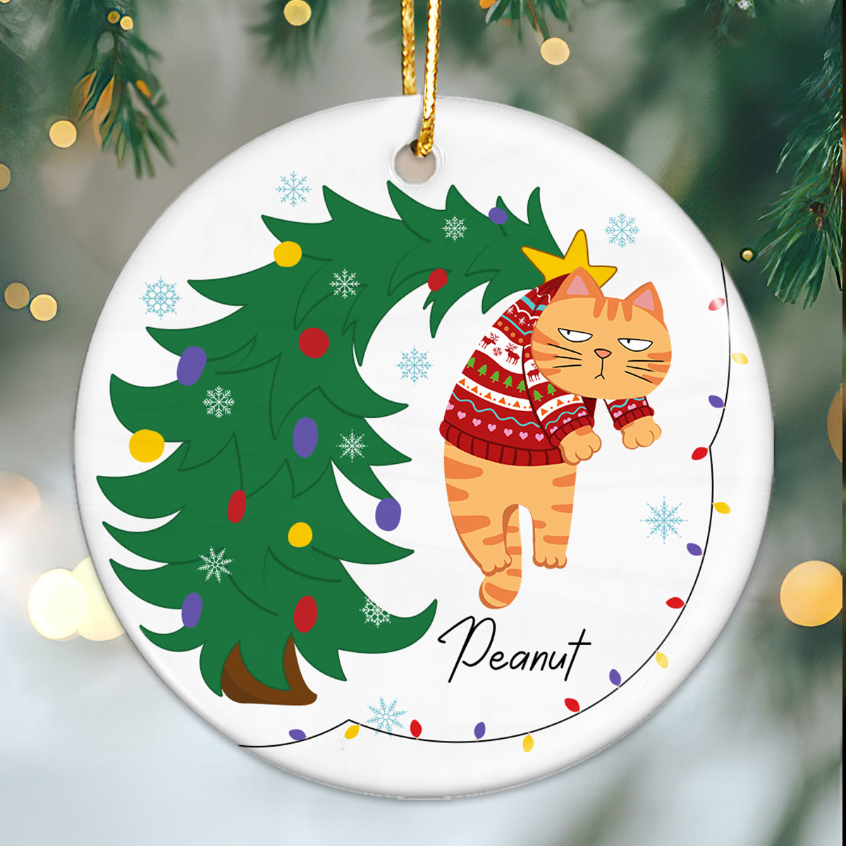 Naughty Cat Hanging On Christmas Tree Personalized Ceramic Ornament, Gift For Cat Lover