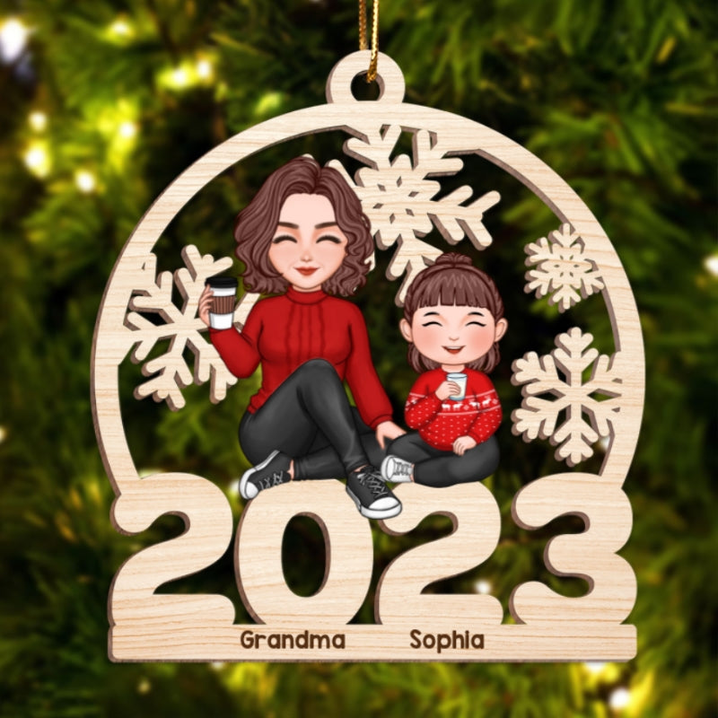 Cute Grandma Grandkids Sitting On 2023 Cut-through Personalized Wooden Ornament