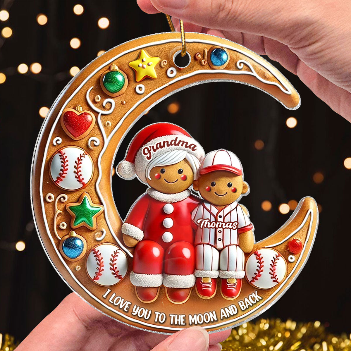 3D Effect Baseball Grandma & Grandkid On The Moon Personalized Acrylic Ornament, Christmas Gift For Grandkids