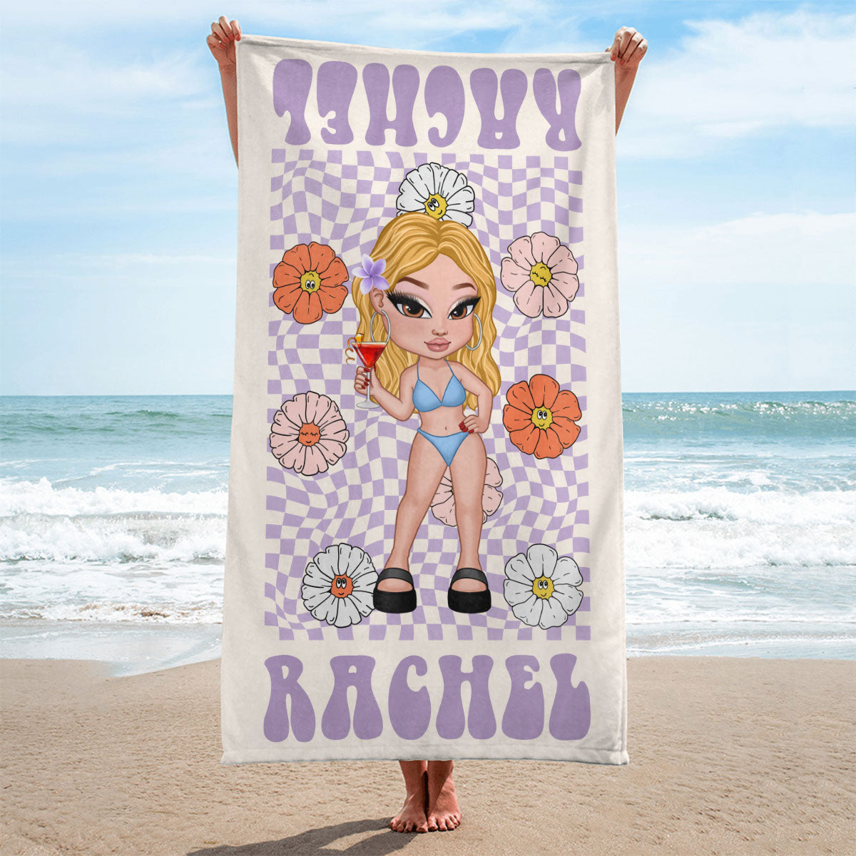 RETRO Multi Style Personalized Beach Towel, Name Bath Towel, Birthday Vacation Summer Gift