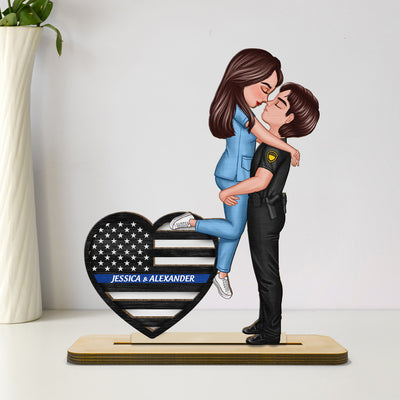 Hero Couple Hugging Kissing Keepsake  Gift by Occupation Personalized 2-Layer Standing Wooden Plaque