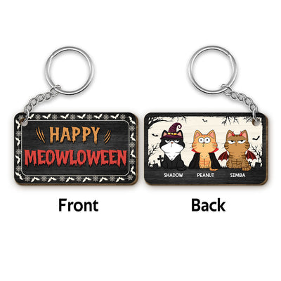 Happy Meowloween Fluffy Funny Cats Expressions Personalized Wooden Keychain
