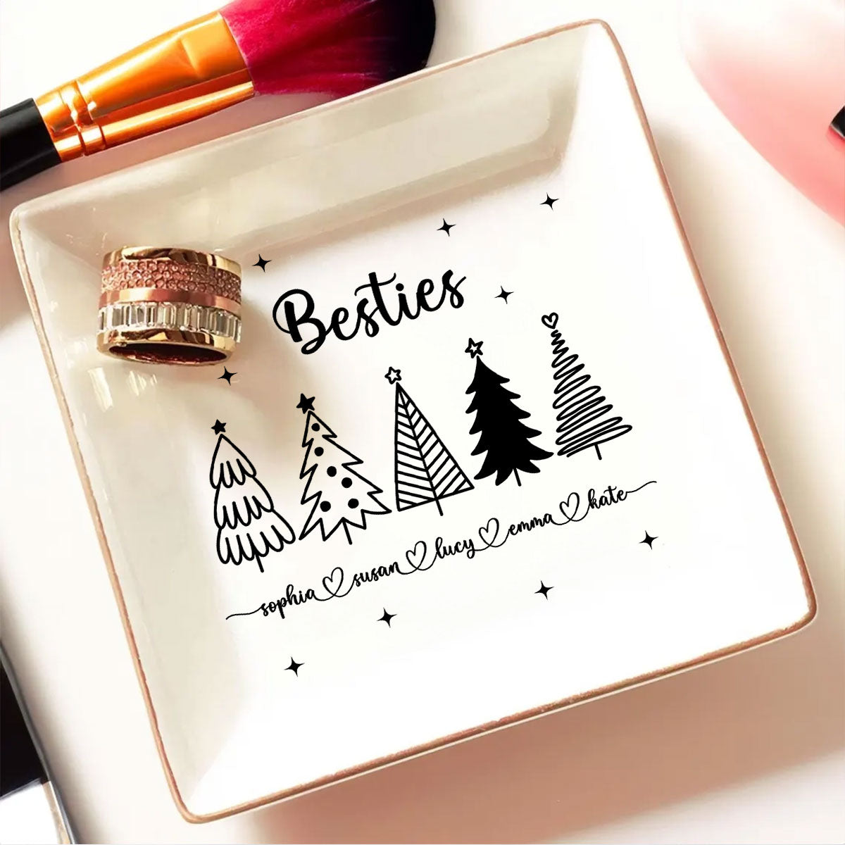 Christmas Trees Outline Besties Sisters Personalized Jewelry Dish, Bridesmaid Gift, Best Friend Flower Ring Dish, Gift for Bestie, Christmas Gifts