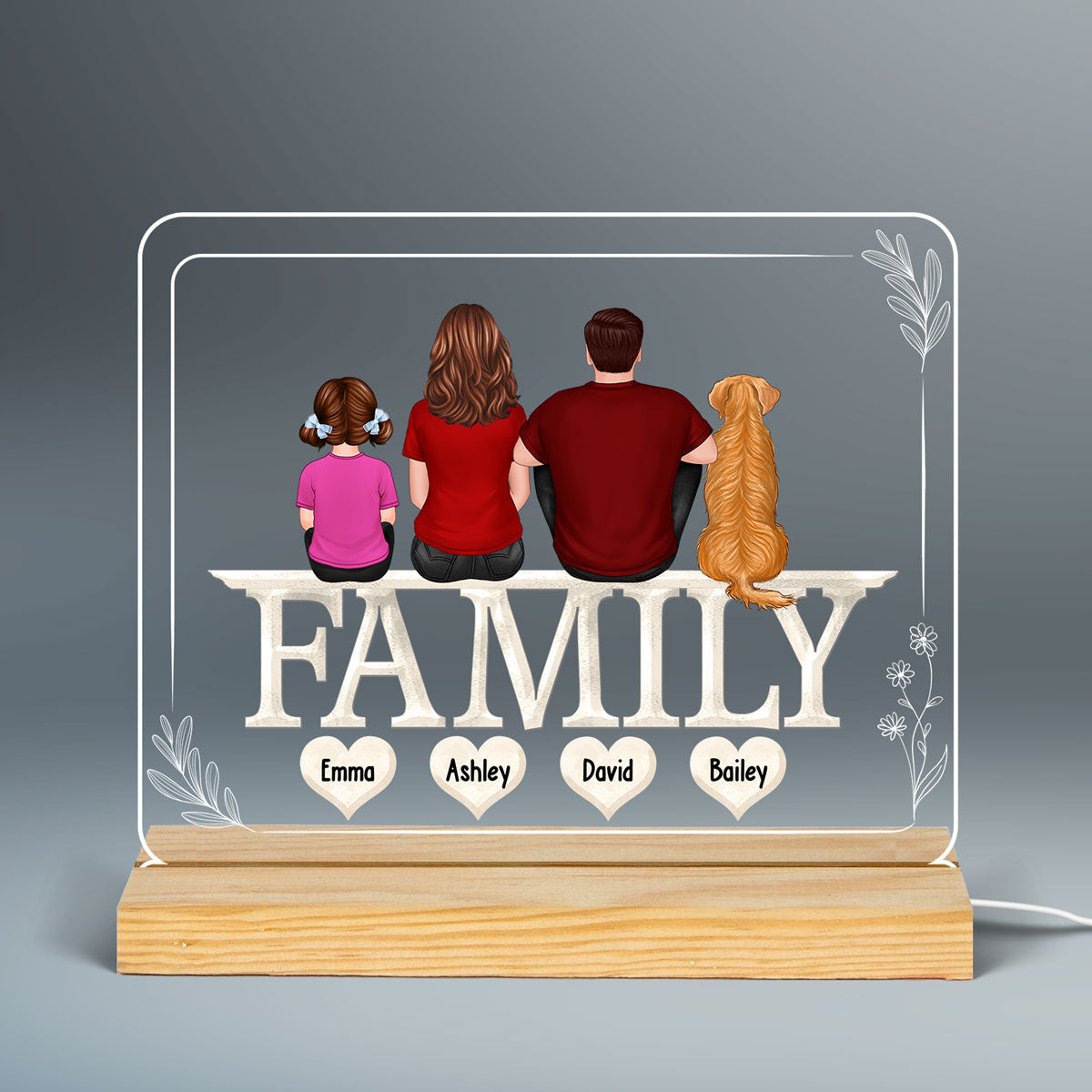 Family Back View Sitting On Text Personalized Acrylic Custom Shape LED Night Light