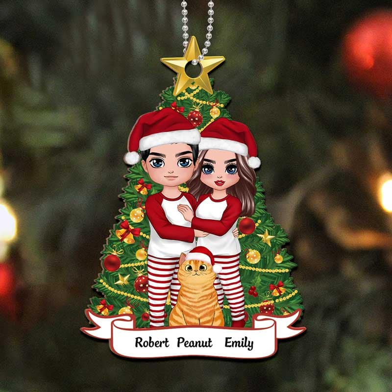 Pajamas Doll Couple Standing With Cats Personalized Wooden Ornament