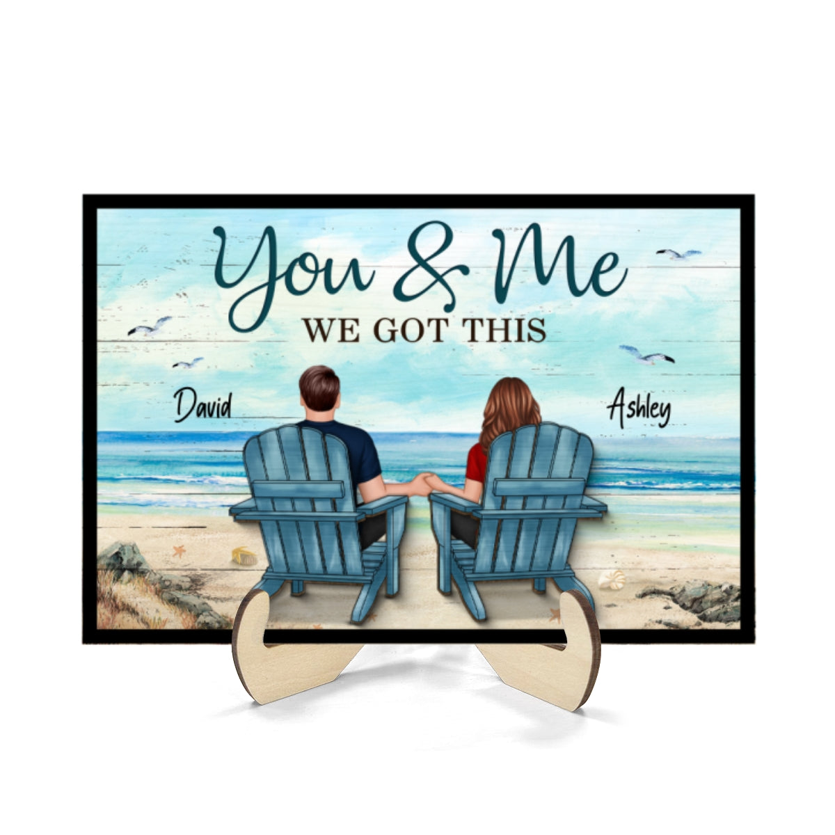 Back View Couple Sitting Beach Landscape Personalized 2-Layer Wooden Plaque
