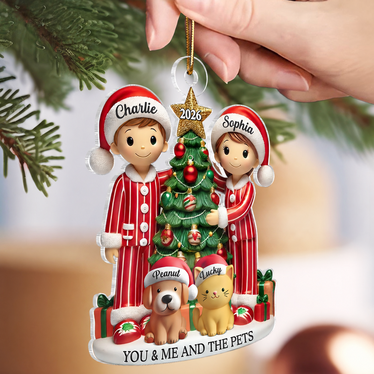 Couple Decorating The Christmas Tree With Dogs Cats Personalized Acrylic Ornament, Gift For Cat Lovers, Dog Lovers