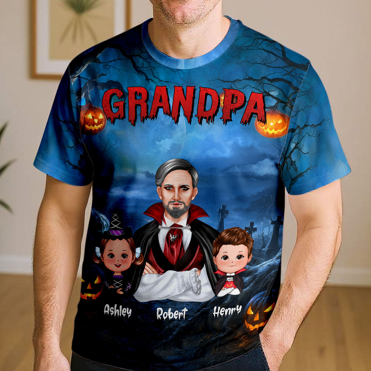 Cool Grandpa Dad Dracula & Kids In Halloween Night Personalized Shirt, Halloween Costume for Dad, Grandpa