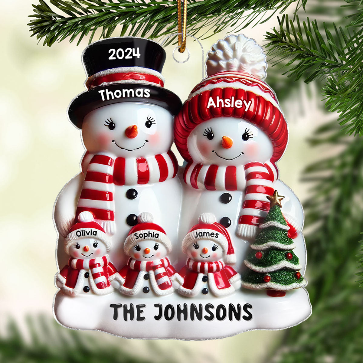 Snowman Family Glossy Effect Christmas Decor Personalized Acrylic Ornament