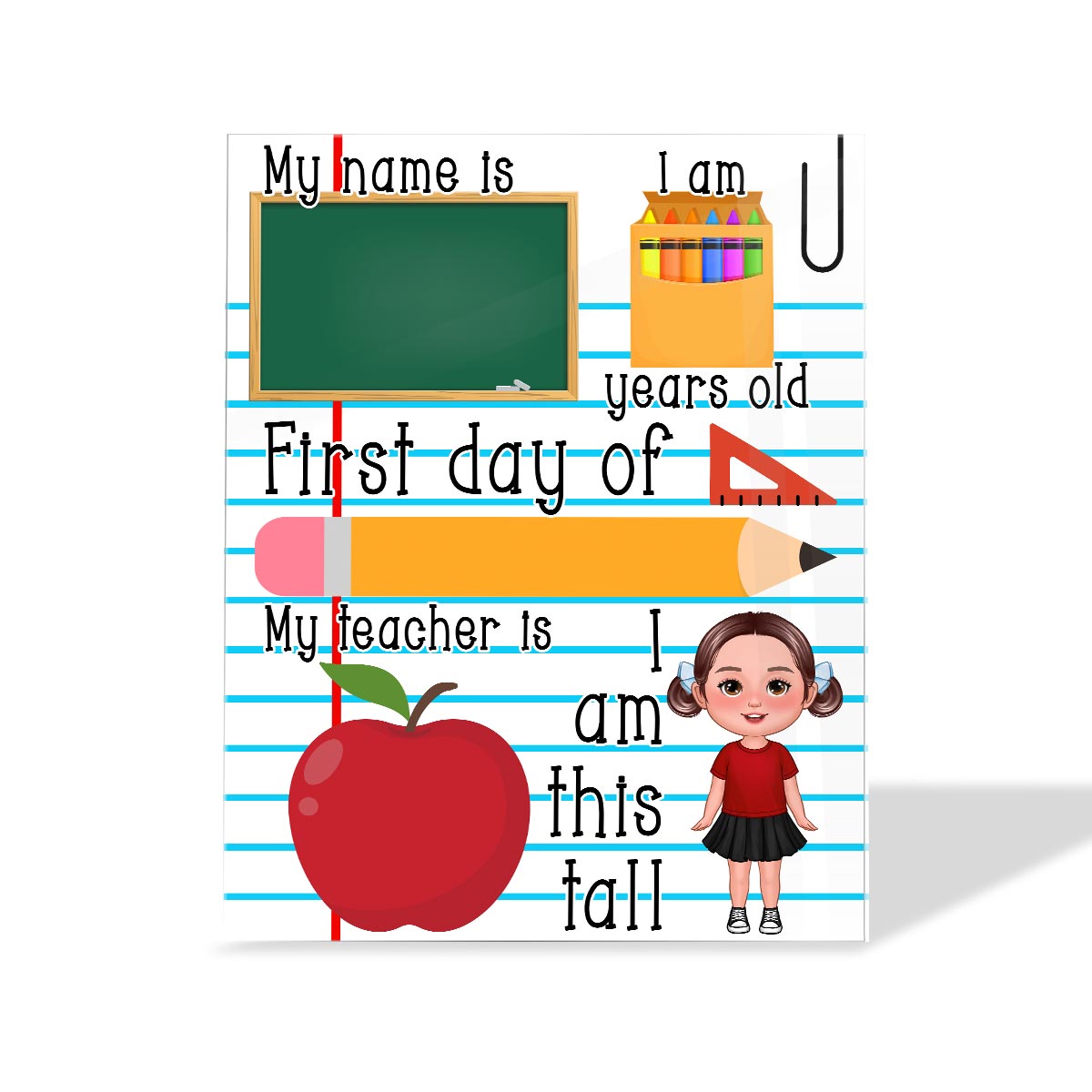 Doll Kid Standing Personalized Reusable First Day of School Sign