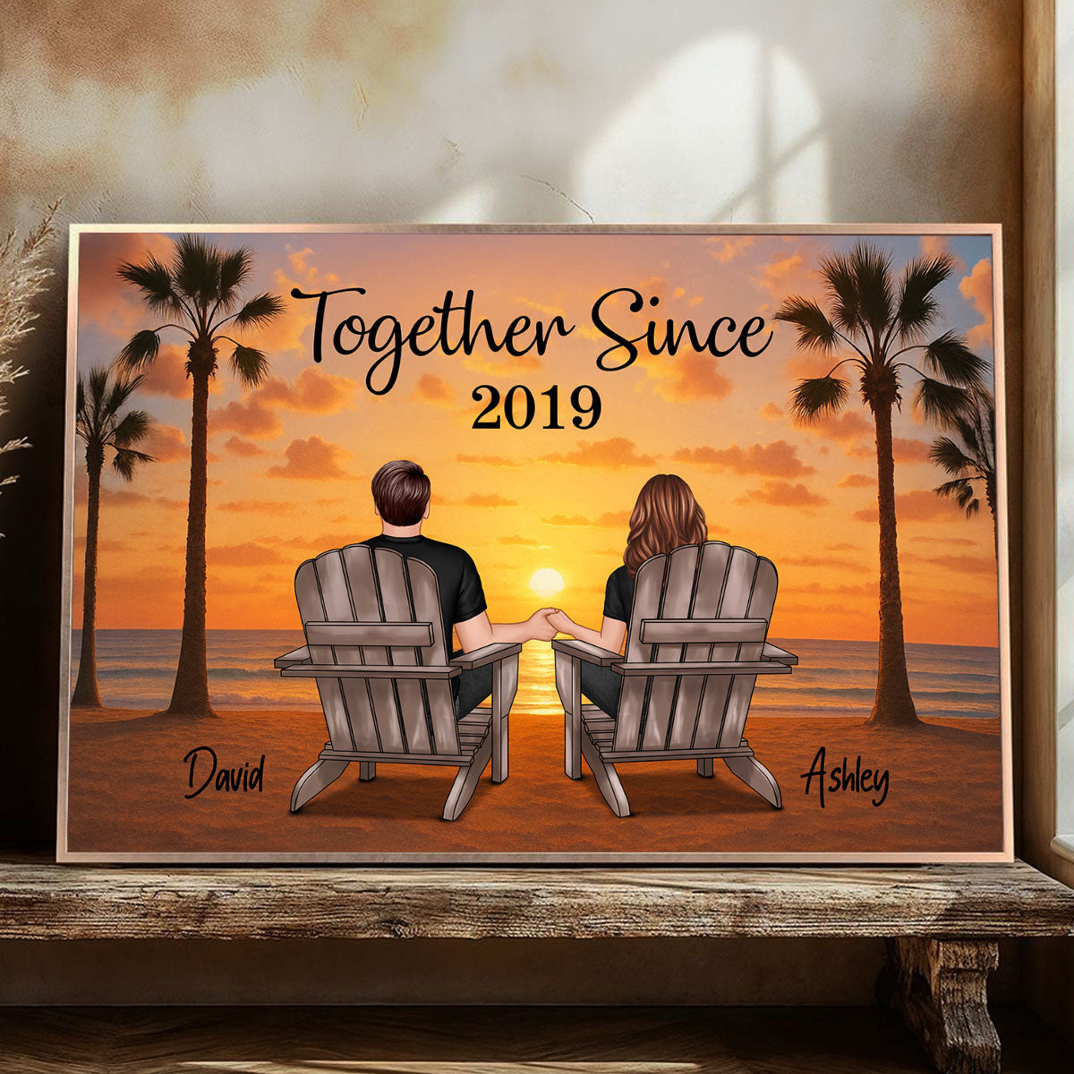 Couple Beach Sunset Under Tree Palm Personalized Poster, Anniversary gift for him, for her