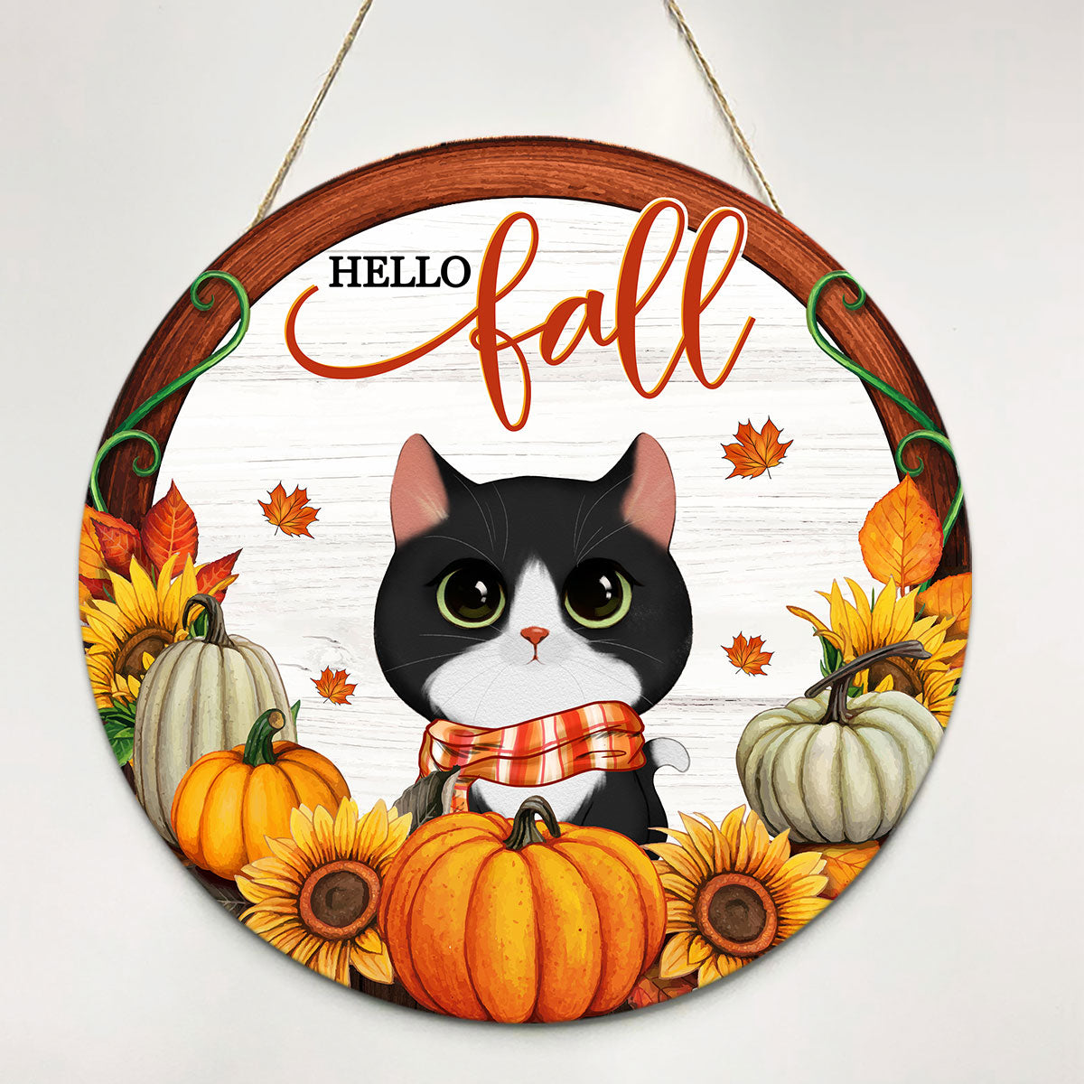 Hello Fall Watercolor Cute Cats Personalized Wood Sign