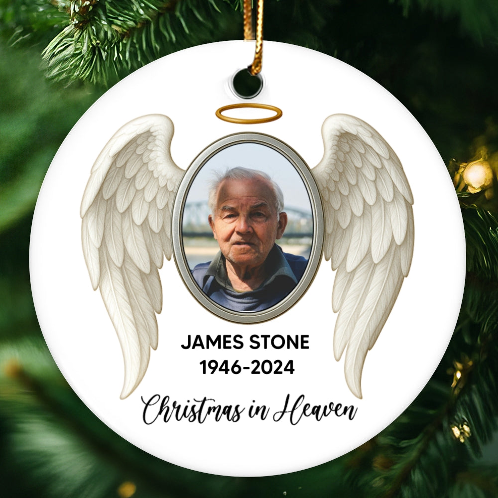 Heavenly Halo & Wings Memorial Ceramic Ornament, Personalized Keepsake Christmas Ornament, Sympathy Gift For Loss Of Loved Ones