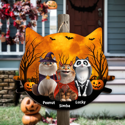 Halloween Cat Face Shaped Personalized Wooden Door Sign, Halloween Decor for Cat Lovers, Cat Moms, Cat Dads