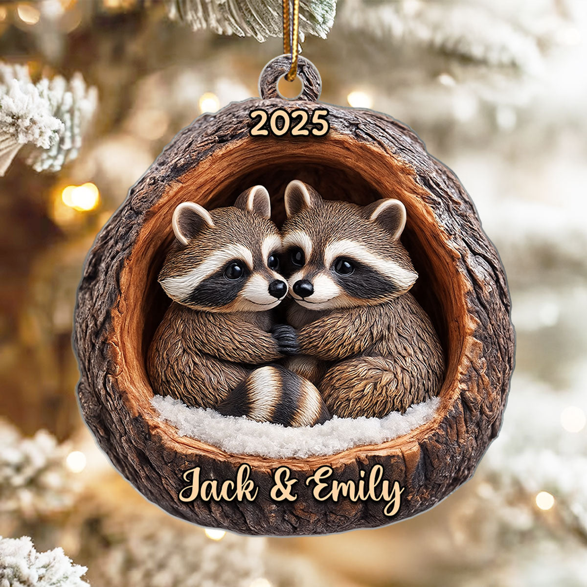 Funny Raccoon Couple 3D Wooden Effect - Personalized Acrylic Ornament - Christmas Gift for her, Gift for him