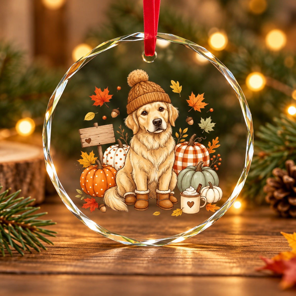 Custom Dog Photo Pumpkin Patch - Personalized Glass Ornament - Fall Gift for Dog Moms, Cat Moms, Pet Lovers
