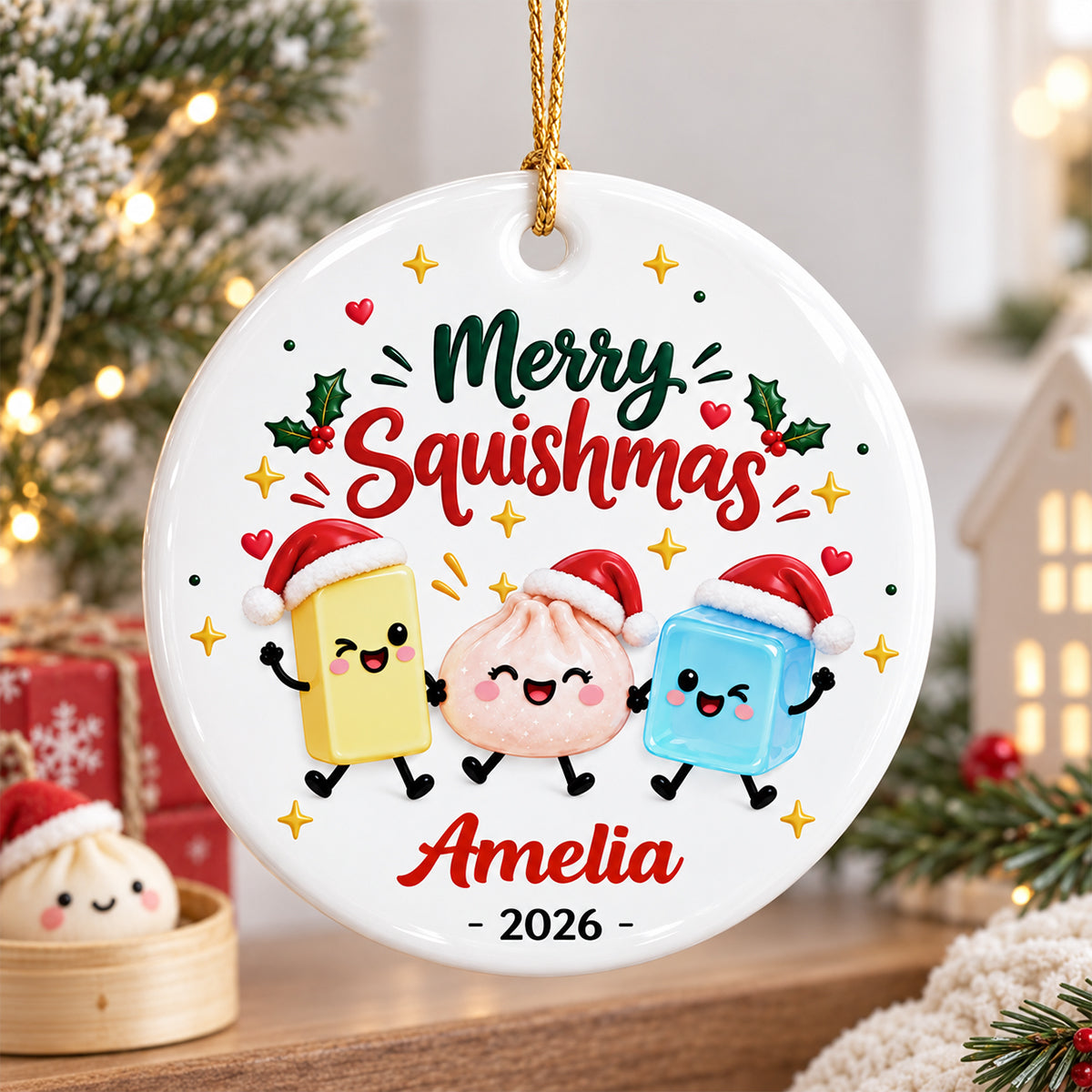 Merry Squishmas 2026 Custom Name - Personalized Ceramic Ornament - Christmas Keepsake For Squishy Hunting Lover, Viral Squishy Dumpling Trend