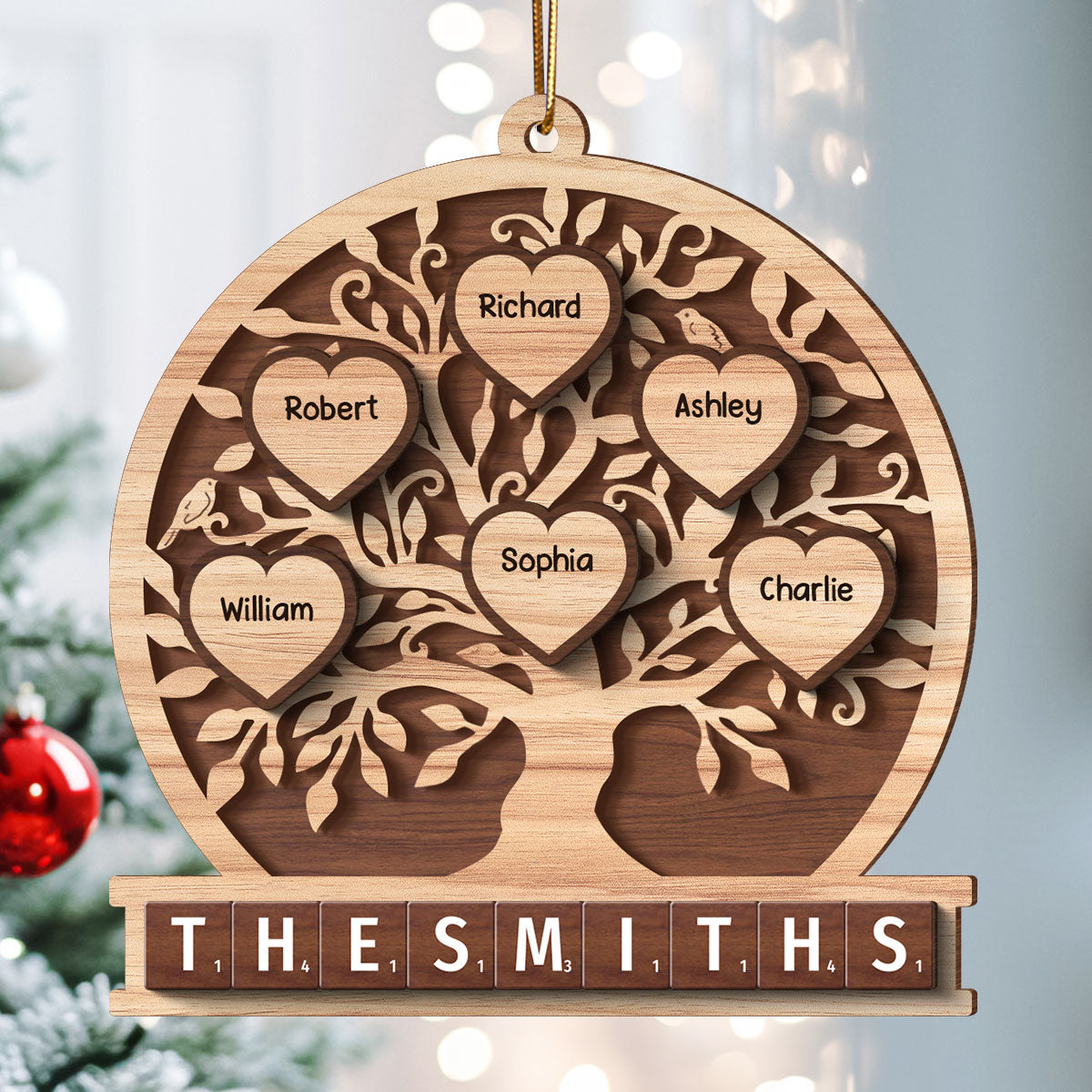 Family Heart Tree Of Life 2-Layered Wooden Ornament, Personalized Family Crossword 2-Layered Wooden Ornament