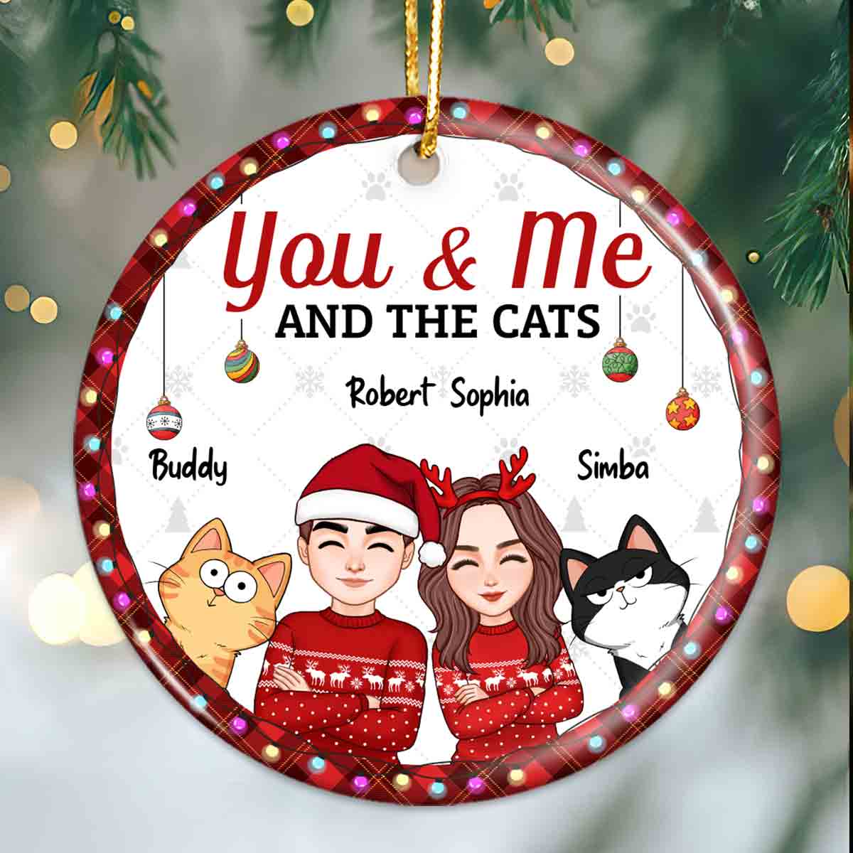 Christmas Cool Couple You Me And The Cats Personalized Circle Ornament