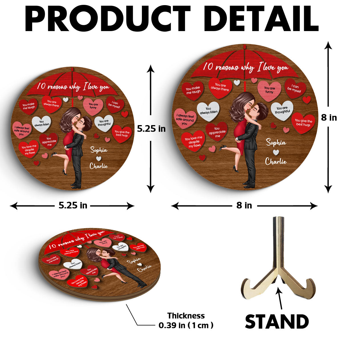 Reasons I Love You Couple Kissing Under Umbrella Personalized 2-layer Wooden Plaque