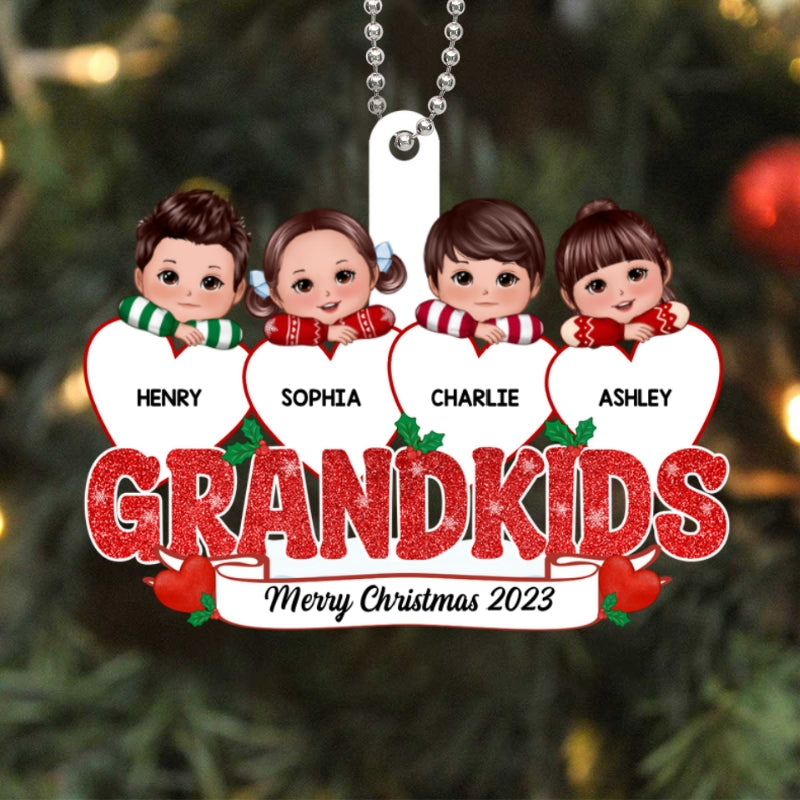 Grandkids Cute Kids On Hearts Personalized Custom Shaped Acrylic Ornament