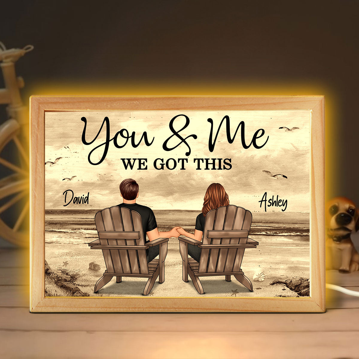 Back View Couple Sitting Beach Landscape Personalized Wooden Frame Light Box
