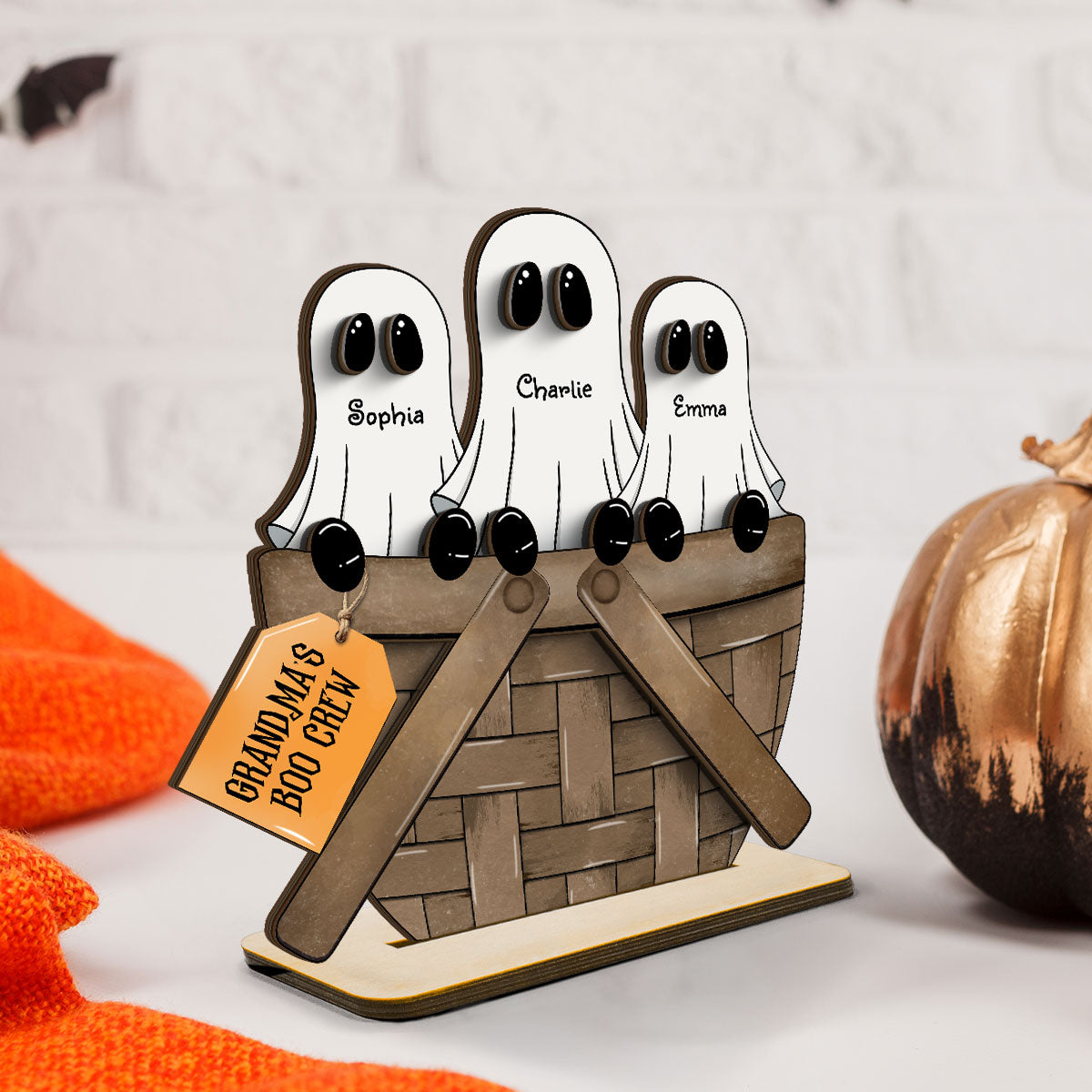 Grandma Family Ghosts For The Flower Basket Personalized 2-Layer Standing Wooden Plaque, Halloween Decor