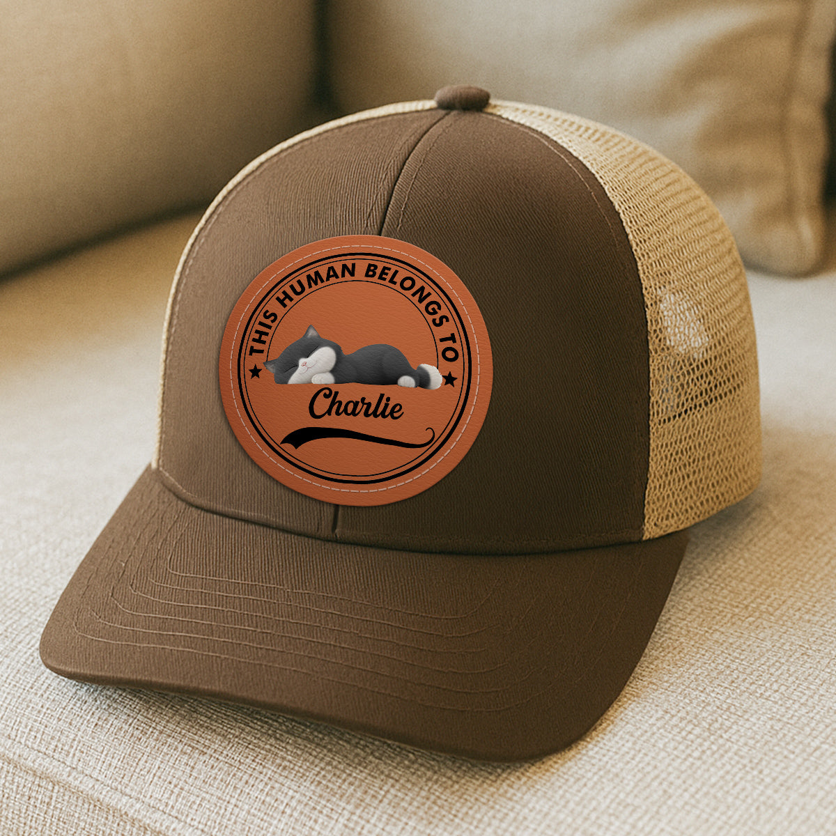 This Human Belongs To Cute Sleeping Cats Personalized Leather Patch Hat, Father's Day gift