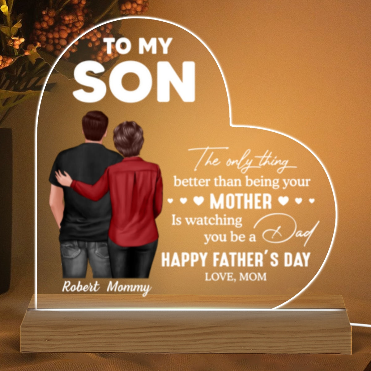 From Mom To Son Happy Father's Day Personalized Heart Acrylic Warm LED Night Light, Heartfelt Gift For Son