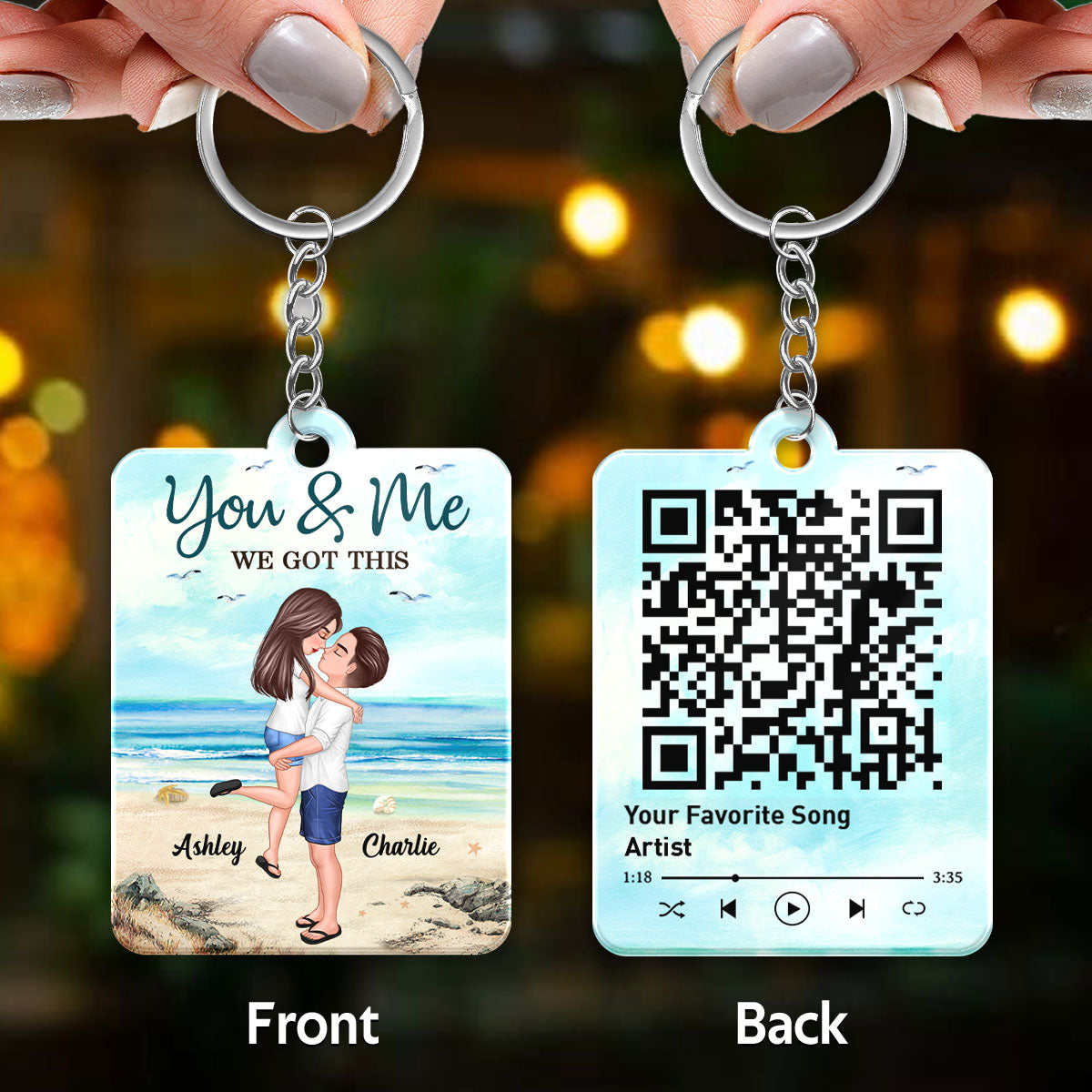 Summer Doll Couple Hugging Kissing Favorite Song Scannable QR Code Personalized Acrylic Keychain