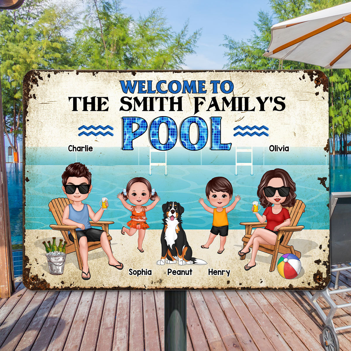 Welcome To Our Pool Whole Family Doll Couple Dad Mom Kids Dogs Cats Summer Personalized Metal Sign