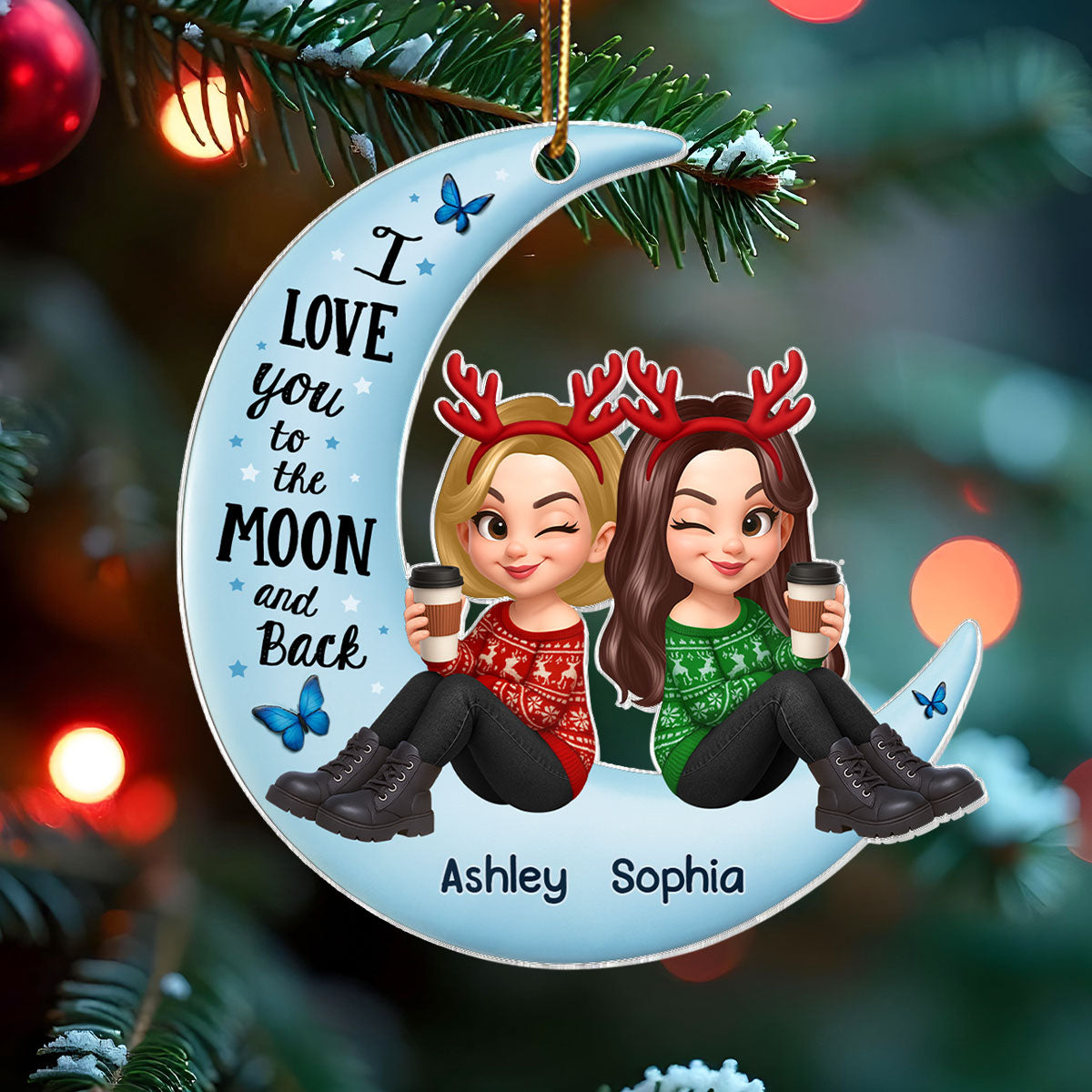 Christmas Besties Sisters Sitting On Moon 3D Effect Personalized Acrylic Ornament