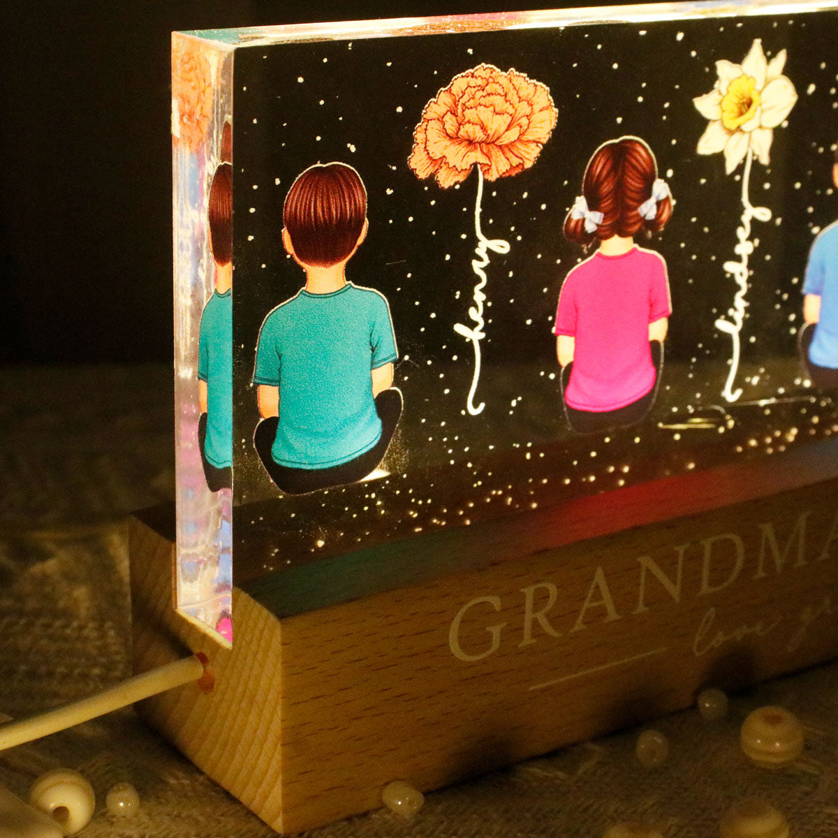 Vintage Birth Month Flowers Grandma's Garden - Personalized Acrylic Block Plaque LED Night Light - Gift for Mom, Gift for Grandma, Gift for Wife
