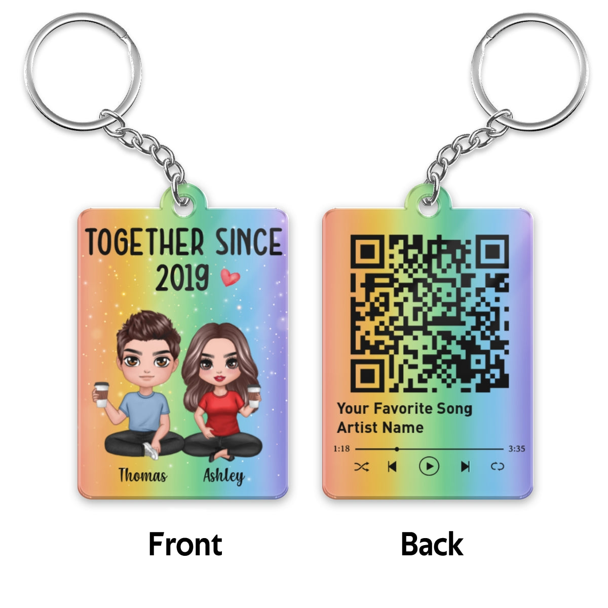 Doll Couple Sitting Rainbow Favorite Song QR Code Personalized Acrylic Keychain