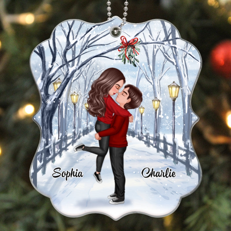 Doll Couple Hugging Kissing Under Mistletoe Personalized Acrylic Ornament