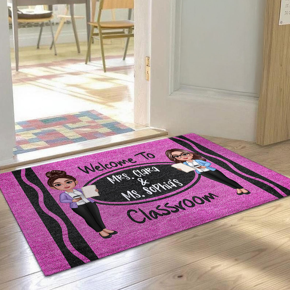 2 Teachers Welcome To Classroom Crayon Pattern Personalized Doormat