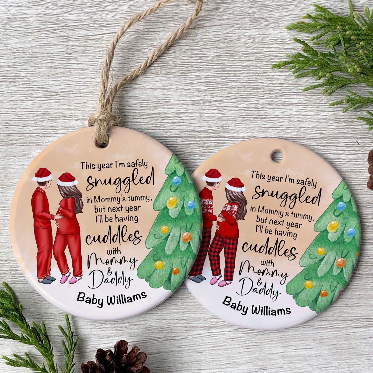 Bump Christmas, Pregnant Couple Ornament, Snuggled in Mommy's Tummy, Personalized Circle Ceramic Ornament