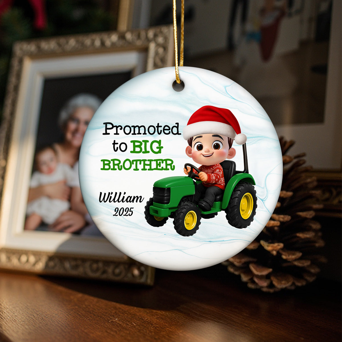 Someday I'll Drive Big Tractor Going To Be Big Brother - Personalized Ceramic Ornament - Proud New Big Siblings Gift