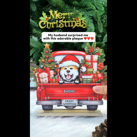 Merry Woofmas Dogs On Truck Personalized Standing Wooden Plaque, Christmas Gift For Dog Mom Dog Dad