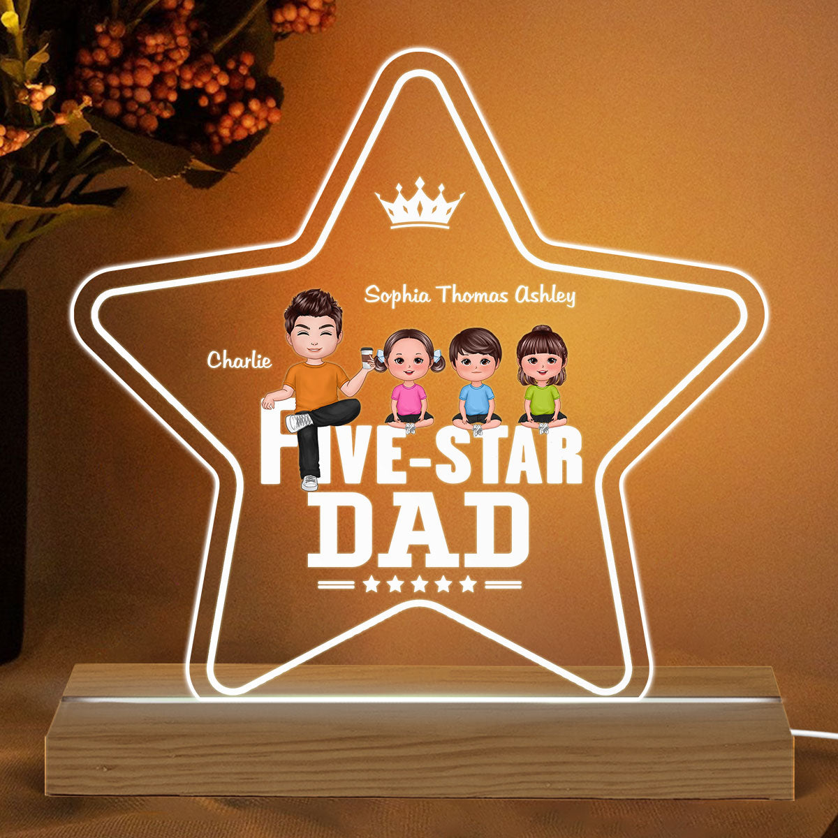 Five Star Dad Sitting Man Personalized Custom Shape Warm LED Night Light