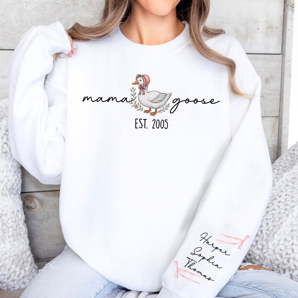 Mama Goose Est. Personalized Sleeve Printed Sweatshirt, Gift For Mom, Grandma