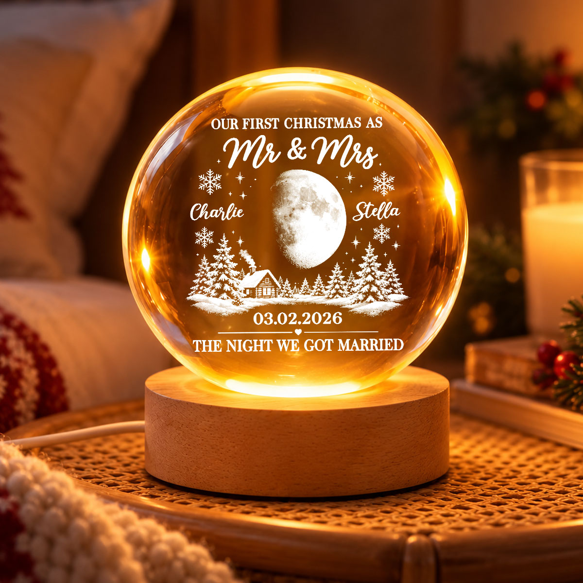 Our First Christmas As Mr Mrs Custom Moon Phase Anniversary Date - Personalized Crystal Ball LED Night Light - Christmas Gift For Newly Wedding Couple, For Him, For Her, Husband, Wife