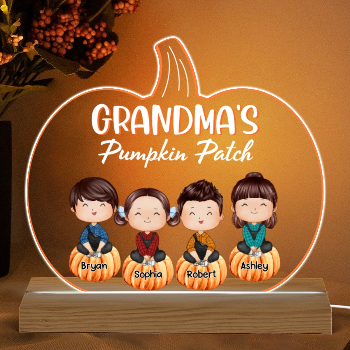 Grandma‘s Pumpkin Patch Watercolor Cute Kids Fall Season Gift Personalized Pumpkin Shaped Acrylic Plaque With Warm LED Night Light