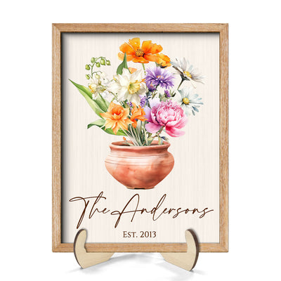 Family Beautiful Birth Flower Bouquet Home Decor Personalized 2-Layer Wooden Plaque