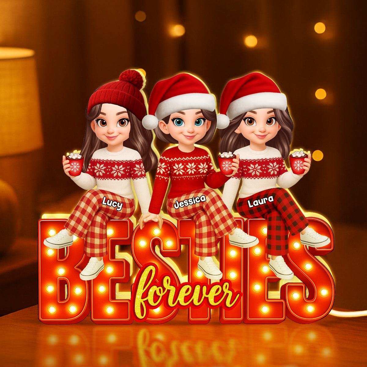 3D Effect Christmas Besties Forever - Personalized Light Box - Christmas Gift For Best Friends