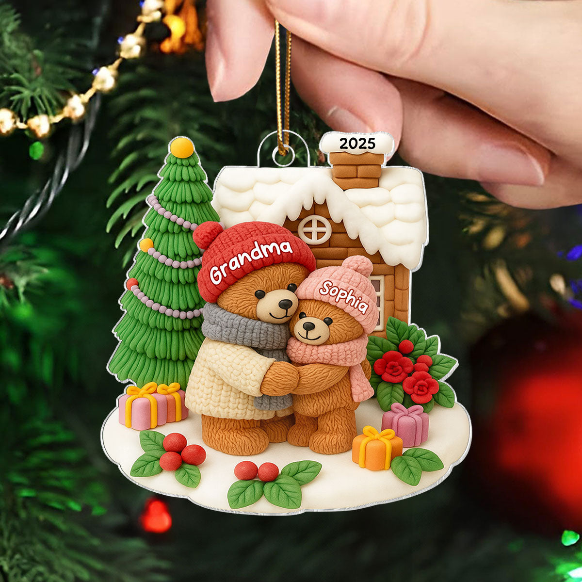 Grandma Bear Hugging Grandkids Personalized Acrylic Ornament, Christmas Gift for Granddaughter, Grandson, Grandkids