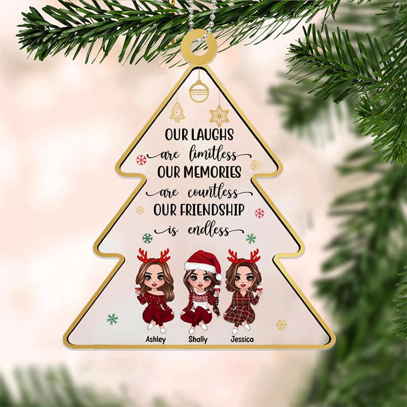 Doll Besties Sitting Christmas Tree Shape Personalized Acrylic Ornament