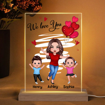 Red Hearts Happy Doll Grandma Mom And Kids Personalized Rectangle Acrylic Plaque Warm LED Night Light