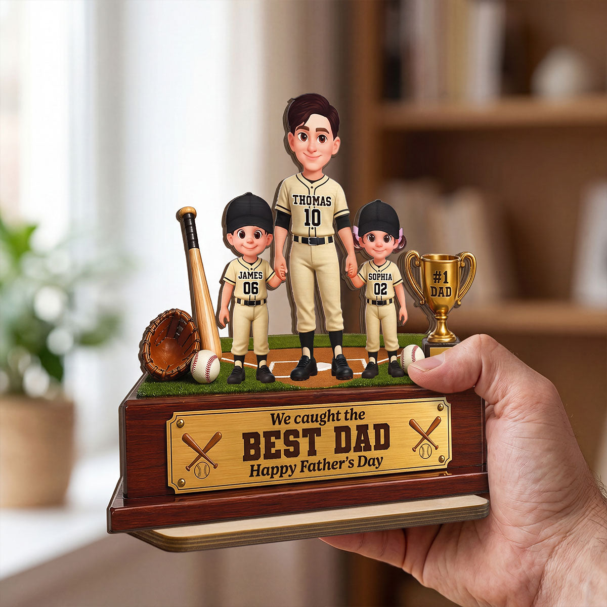 Baseball We Caught The Best Dad - Personalized 2-Layered Wooden Plaque - Father's Day Gift For Dad