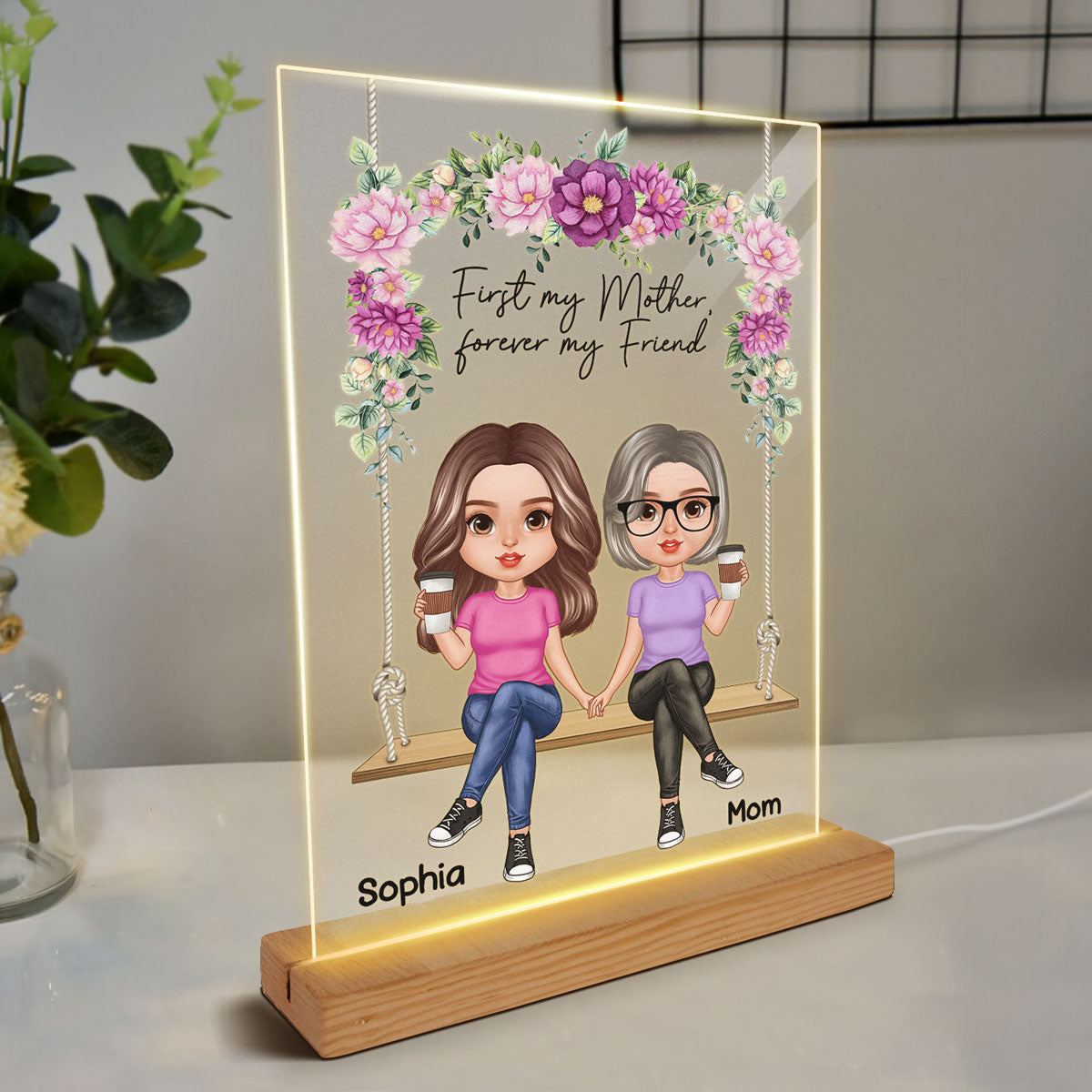 Realistic Mother Daughters Sitting On Floral Swing Personalized Acrylic LED Night Light
